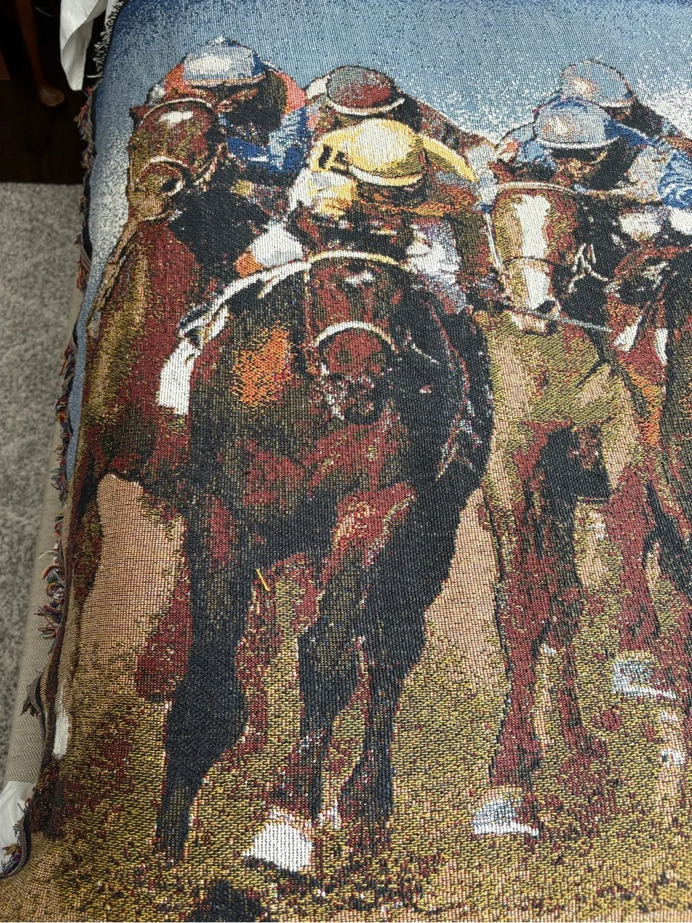 Vintage 90’s Horse Track Racing Jockeys Equestrian Throw Blanket Fringe Ends